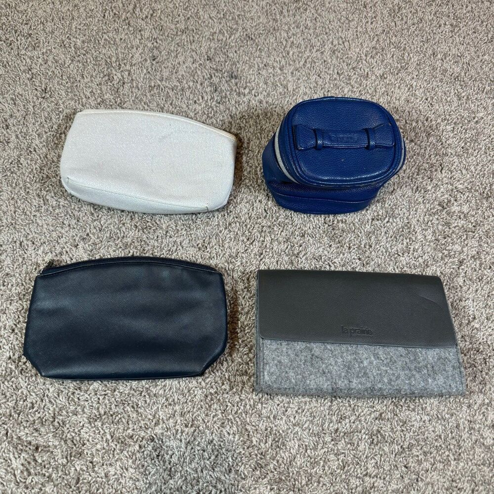 La Prairie Cosmetic Bag LOT of 4 Makeup Bag - Blue White Gray Black Zipper Pouch